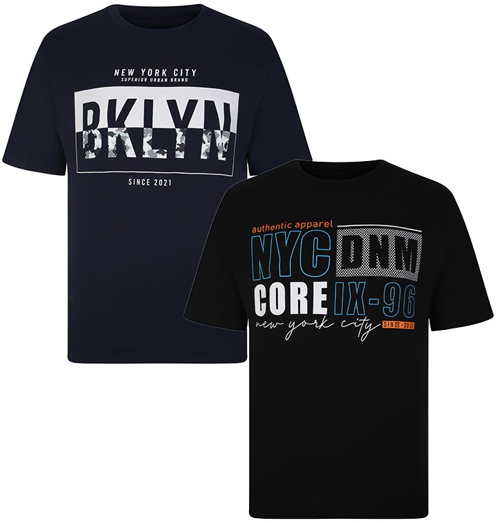 KAM Twin Pack NYC Brooklyn Print T Shirt Black Navy BigDude